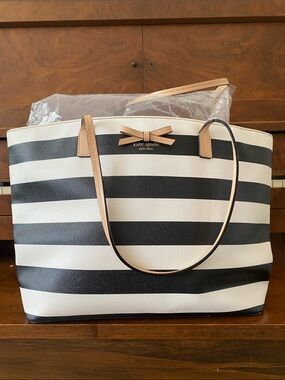 kate spade Black & White Striped Tote with Tan Trim